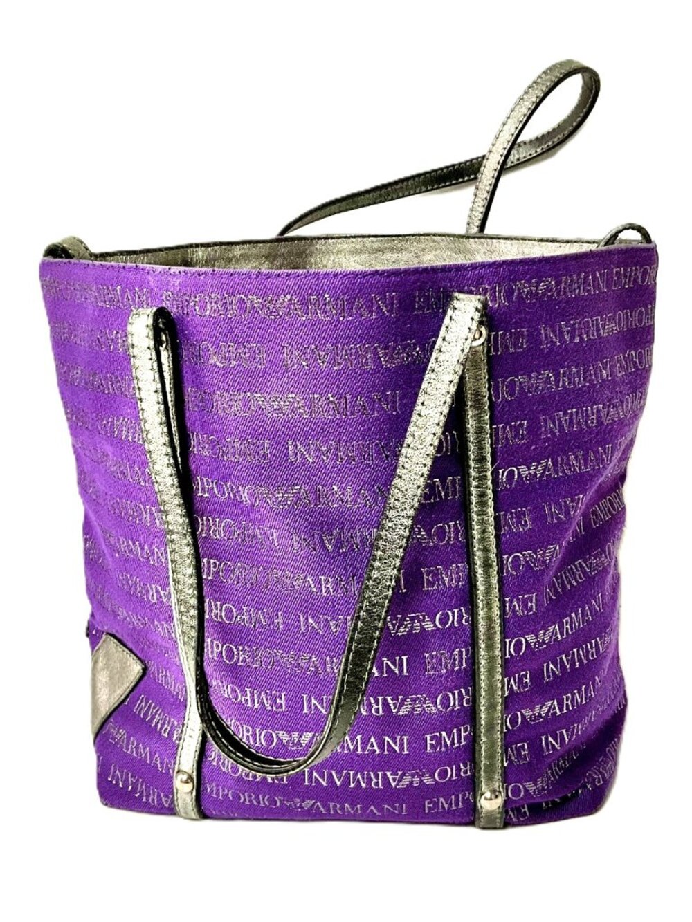Emporio Armani Purple Logo Canvas Tote Bag Silver Leather Trim Italy
